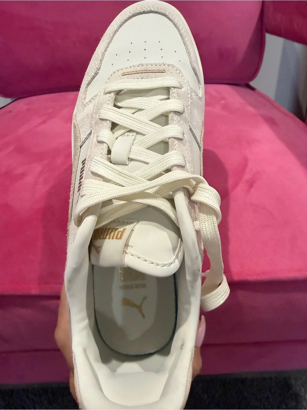 Puma Carina Women's Platform Sneakers in Light Cream and White with Snake print